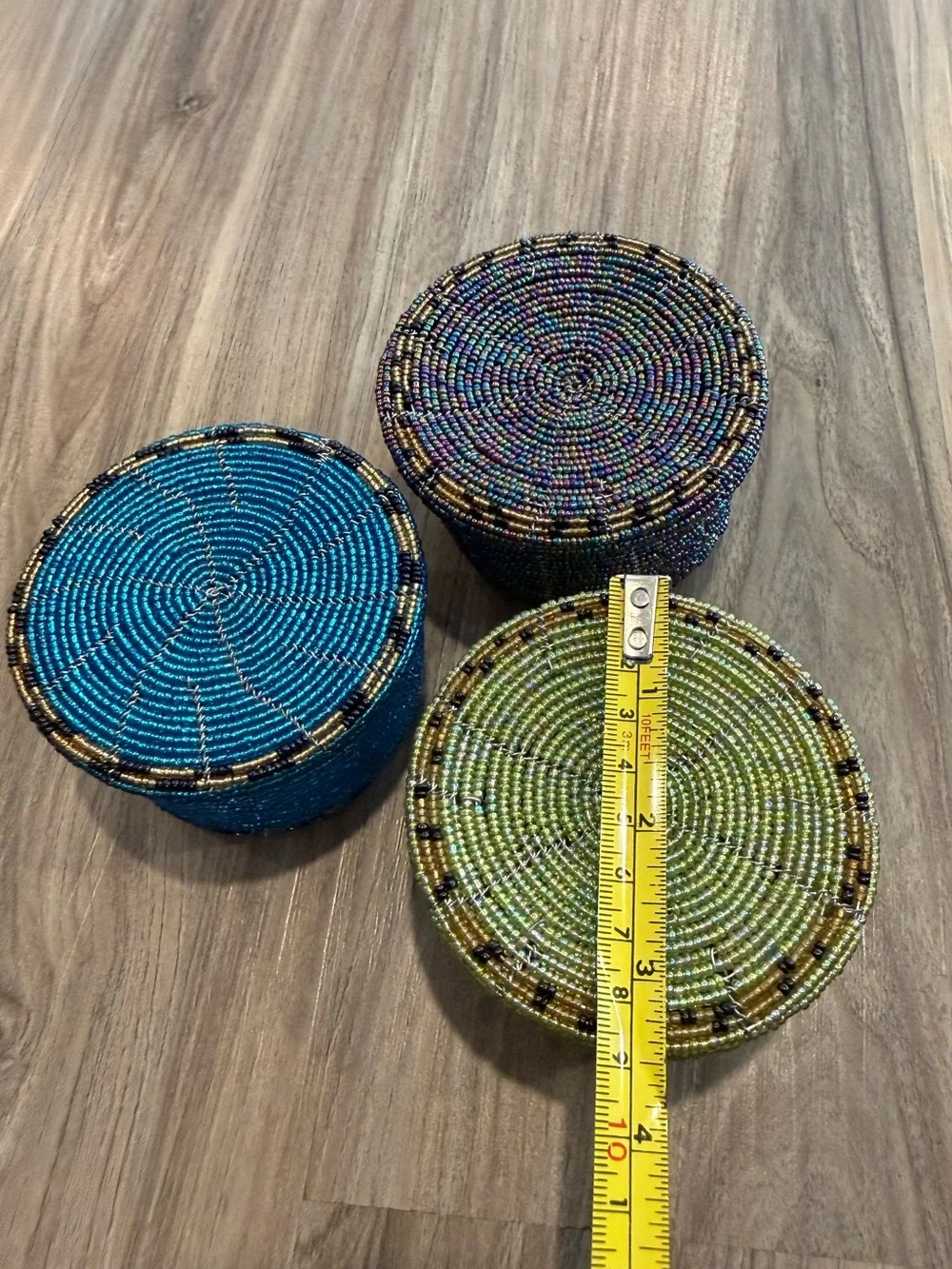 Handwoven Beaded Round Storage Boxes Set - Blue, Green & Multicolor